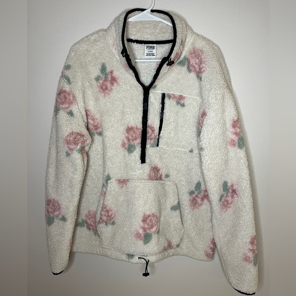 Victoria’s Secret PINK Oversized Quarter Zip Coconut White/Rose Floral Pullover